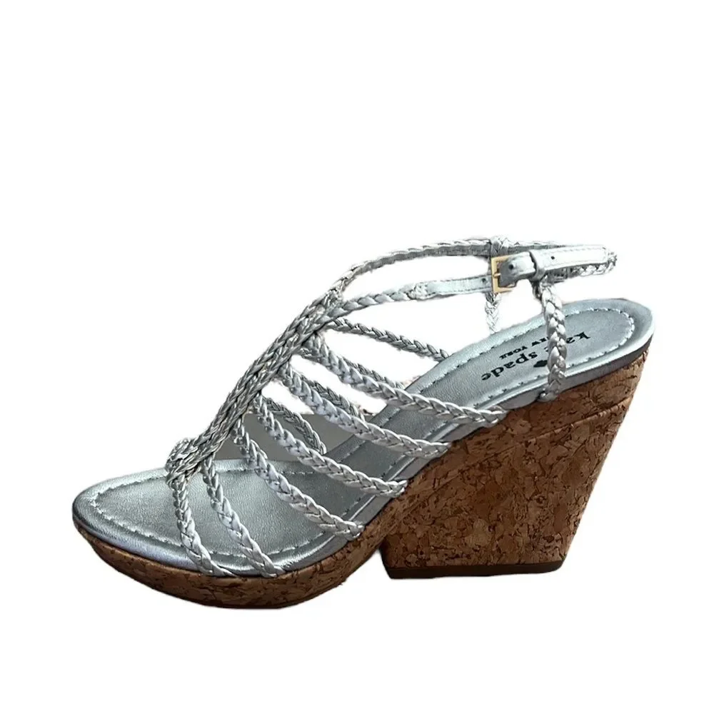 Kate Spade Felix Silver Braided Strappy Cork Wedge Sandals Size 7